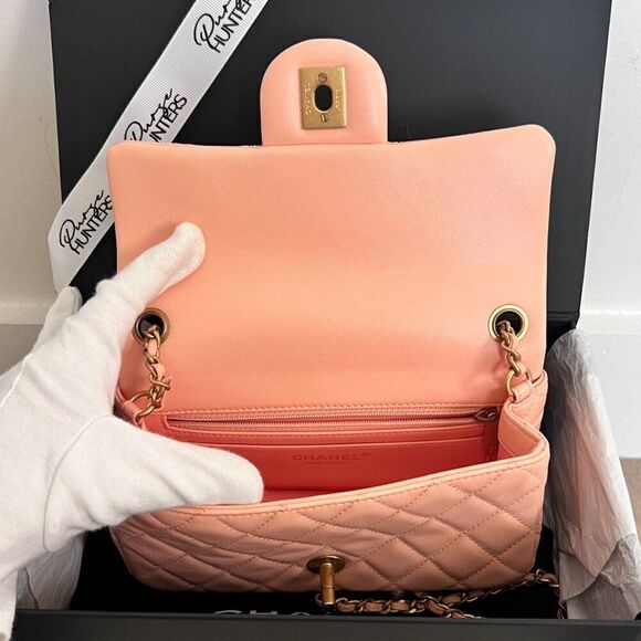 100% Authentic CHANEL Mini Rectangular in Salmon Pink Lambskin with GHW - Picture 11 of 14
